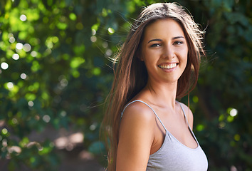 Image showing Confidence, portrait and woman in park with smile, mockup space and outdoor teen fashion. Nature, summer and face of happy teenager girl in green garden for wellness, relax or casual style in morning