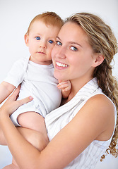 Image showing Happy mother, portrait and baby with love in care, trust or bonding together on holiday weekend at home. Face of mom or little toddler with smile for family, childhood or motherhood in relax at house