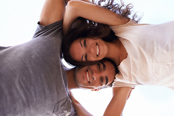 Image showing Portrait , love and couple with sky from below for outdoor travel adventure, summer holiday and embrace. Vacation, happy woman and man hug in nature on romantic date together with smile in Bali.