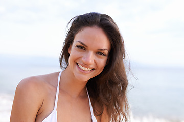 Image showing Beach, nature and portrait of woman for travel, vacation or adventure on tropical island. Happy, smile and young female person with positive and confident attitude by ocean on summer weekend trip.