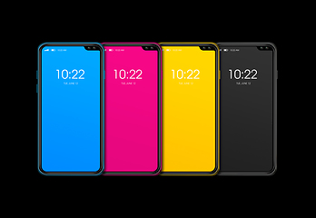 Image showing CMYK smartphone set isolated on black Background. 3D render