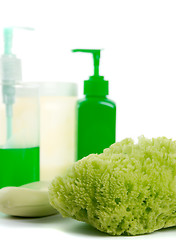 Image showing natural sponge, soap and body lotion