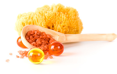 Image showing natural sponge, bath salt and oil balls