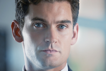 Image showing Portrait, mindset and serious with business man closeup in office for opportunity or start of new job. Face, work and career with confident young corporate employee in company workplace for career