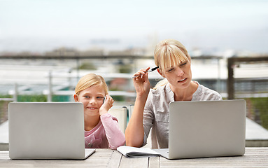 Image showing Mother, child and laptop on a patio with elearning, work and internet with confused mama from pc. Tech, smile and mom with teaching and education app with young girl on a website for home school