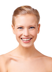 Image showing Happy woman, portrait and beauty with cosmetics for facial treatment or skincare on a white studio background. Face of young female person or model with smile in satisfaction for salon or dermatology