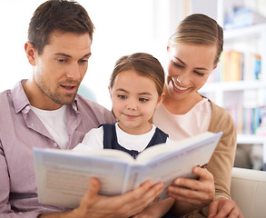 Image showing Parents, kid and reading in house, sofa and child development in home schooling and bonding. Mom, dad and toddler on couch, living room and smile while learning in book and fairytale stories together