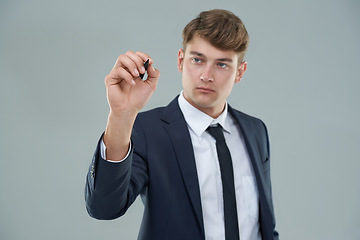 Image showing Future, interface and business man writing in studio isolated on gray background for planning or schedule. Agenda, information and system with corporate employee as metaverse user for checklist