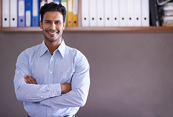 Image showing Office, portrait and happy businessman with arms crossed in confidence and pride as entrepreneur. Corporate, employee and man with a smile for working on investment portfolio or workplace mock up