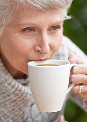 Image showing Senior woman, coffee and face with retirement for old age, and relaxation. Elderly person, grandma and closeup with smile and wrinkles while sitting and thinking for leisure, drinking and mature