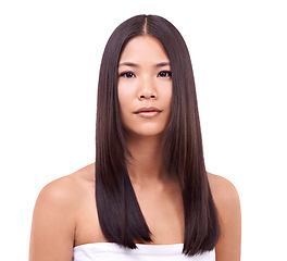 Image showing Woman, portrait and brazilian for haircare in studio, beauty and pride for hair treatment on mockup space. Asian female person, wellness and shampoo for cosmetic on white background, keratin and care