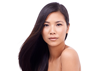 Image showing Asian woman, portrait and studio for hair care, skincare and beauty with cosmetics for skin or routine. Wellness, closeup and natural or healthy face with dermatology isolated on white background