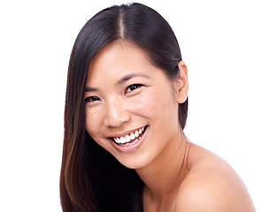 Image showing Woman, portrait and smile for haircare in studio, beauty and pride for keratin results or hair treatment. Asian female person, happy and shampoo for cosmetic on white background, dermatology and care