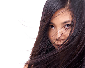 Image showing Woman, portrait and wind for haircare in studio, beauty and pride for keratin treatment on mockup space. Asian female person, breeze and shampoo for cosmetic on white background, dermatology and care