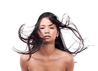 Image showing Woman, portrait and windy for hair in studio, beauty and pride for keratin treatment on mockup space. Asian female person, breeze and shampoo for cosmetic on white background, haircare and creative