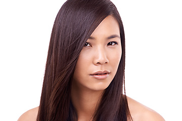 Image showing Woman, portrait and keratin for haircare in studio, beauty and pride in hair treatment for growth. Asian female person, confidence and shampoo for cosmetics on white background, dermatology and care