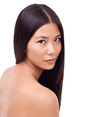 Image showing Woman, portrait and dermatology for haircare in studio, beauty and pride for keratin treatment on mockup space. Asian female person, conditioner and shampoo for cosmetics, white background and care