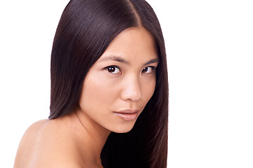 Image showing Woman, portrait and hairstyle for cosmetics in studio, hair care and pride for keratin treatment on mockup space. Asian female person, grooming and shampoo on white background, dermatology and care