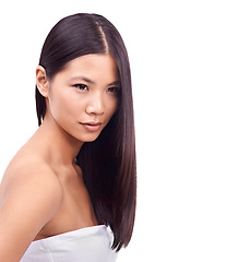 Image showing Woman, brazilian and treatment for haircare in studio, beauty and pride for keratin results on mockup space. Asian female person, hair and shampoo for cosmetics, white background and conditioner