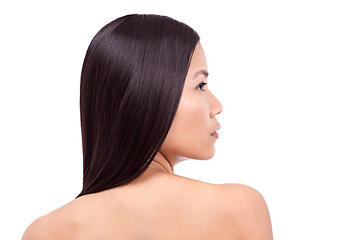 Image showing Woman, shampoo and cosmetics for hair care in studio, beauty and pride for keratin treatment on mockup space. Asian female person, profile and conditioner for shine, white background and dermatology