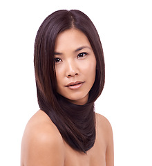 Image showing Woman, portrait and cosmetics for hairstyle in studio, beauty and pride for keratin hair treatment. Asian female person, grooming and shampoo for wellness on white background, dermatology and care