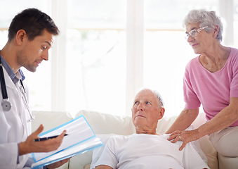 Image showing Healthcare, doctor and senior patient in assisted living for health assessment, advice or wellness. Male physician, conversation and elderly couple for medical treatment, discussion and diagnosis.