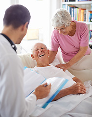 Image showing Healthcare, doctor and senior patient in bed of nursing home for health results, wellness or checkup. Medical professional, consultation and elderly couple for positive news, support and advice.