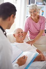 Image showing Doctor, senior patient and paperwork in nursing home for wellness, diagnosis and healthcare. Consultation, medical professional and elderly couple for rehabilitation, discussion and positive report