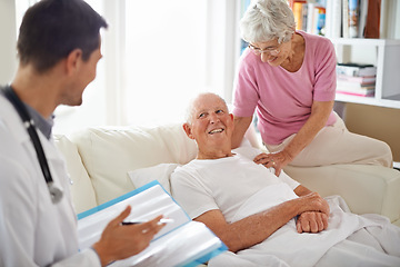 Image showing Healthcare, doctor and patient in nursing home for health results, rehabilitation or wellness. Medical professional, consultation and elderly couple for treatment, discussion and positive news.