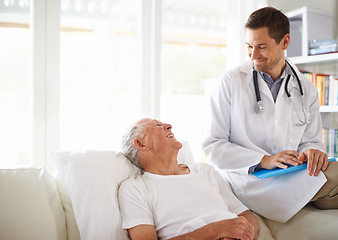 Image showing Doctor, smile and elderly man on sofa with support, consultation or plan for treatment. Medical professional, healthcare and patient with happiness for trust, help or discussion on test results