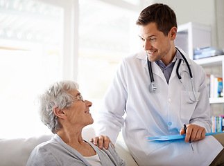Image showing Doctor, healthcare and elderly woman in hospital with trust, consultation or advice for treatment with smile. Medical professional, patient and office with support, help or happy for test results