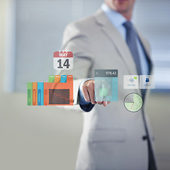 Image showing Future, touch or hand of businessman with hologram or overlay for technology for growth statistics. 3d, financial or entrepreneur with touchscreen for calculator, database or enterprise information
