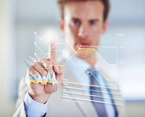 Image showing Charts hologram, hand or businessman in the stock market for finance analysis, trading database or economy. Touchscreen, research or financial trader reading investment statistics, profit analytics