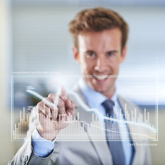 Image showing Charts hologram, portrait or businessman in the stock market for finance analysis, trading database. Economy research, touchscreen or financial trader reading investment statistics, profit analytics