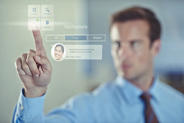 Image showing Businessman, message and notification on digital interface, contact and manage staff in workplace. Corporate person, touch and communication or conversation for employee or worker in hologram