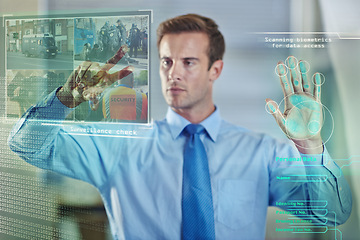 Image showing Hands, surveillance or businessman with biometrics scan, hologram or overlay for safety or security. 3d, police database or manager on touchscreen for futuristic protection or graphic investigation