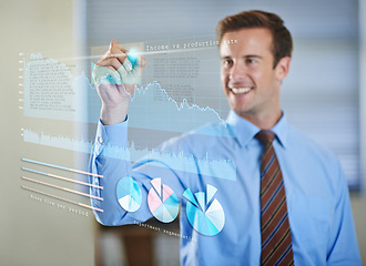 Image showing 3D, holographic and businessman writing on charts for software technology with information. Futuristic, career and professional male finance analyst planning investment statistics with graph display.