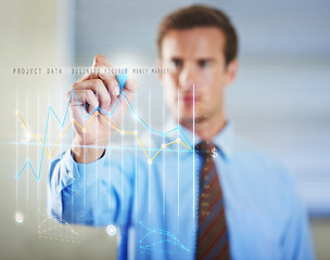Image showing Abstract, hologram and businessman writing on graphs for software technology with information. Futuristic, career and professional finance analyst planning investment statistics with 3d chart display
