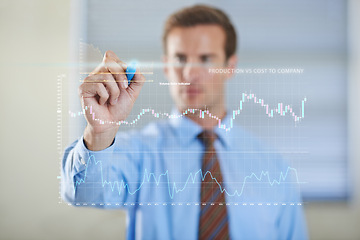 Image showing Abstract, hologram and businessman writing on charts for software technology with information. Futuristic, career and professional finance analyst planning investment statistics with 3d graph display