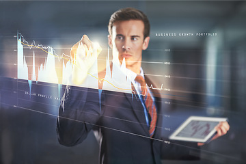 Image showing Businessman, data and writing on digital interface with statistics or analysis for stock market. Tablet, tech and professional trader on graph on touchscreen, finance or investment on double exposure