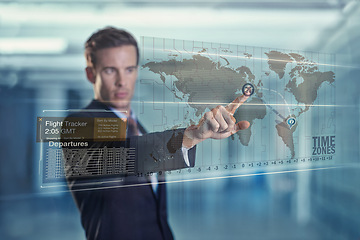 Image showing Businessman, click and hologram with future display of digital interface or gui and global. Male person, fintech and software database for presentation with user experience or information technology.