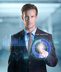 Image showing Businessman, online and portrait with futuristic hologram of dna analysis, database and information technology. Person, user experience and digital interface for corporate company with abstract tech