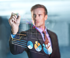 Image showing Dashboard, graph and businessman digital with economy with technology for future of data analyst. Male person, serious and working in company for corporate as employee or staff for problem solving