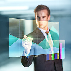 Image showing Businessman, drawing and graph with digital interface for future in software for corporate presentation. Male Person, serious and working with ai for company with technology, planning and hologram