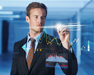 Image showing 3D, hologram and businessman writing on graphs for software technology with information. Futuristic, career and professional male finance analyst planning investment statistics with chart display.