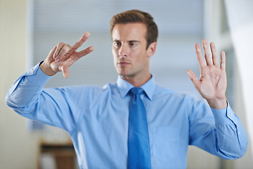 Image showing Futuristic, security or hand of businessman with technology for hologram or overlay for biometrics. 3d handprint, air or entrepreneur with touchscreen for digital ux, database or scanning information