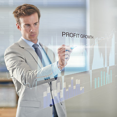 Image showing Businessman, analysis and writing on digital interface with statistics or graph for stock market growth. Pen, tech and professional trader on chart by screen, finance or investment on double exposure