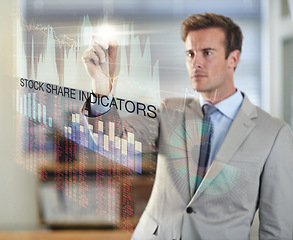 Image showing Business man, chart and writing on screen with statistics, plan or stock market for growth. Interface, technology and professional trader on graphs for finance, data or investment on double exposure