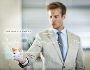 Image showing Businessman, chart and hand writing on screen with statistics or stock market. Interface, technology and professional trader with pen on graphs for finance, data and investment on double exposure
