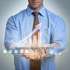 Image showing Professional, hands and show data for statistics, analysis or growth of business development. Chart, graph or trader with presentation, finance or invest in studio isolated on grey background overlay